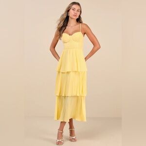 Lulu's Cascading Crush Yellow Tiered Bustier Midi Dress